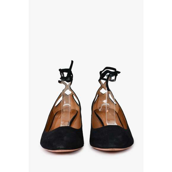 Aquazzura Black/Gold Suede Strappy Round Toe Block Heels Size 37 - Picture 3 of 3